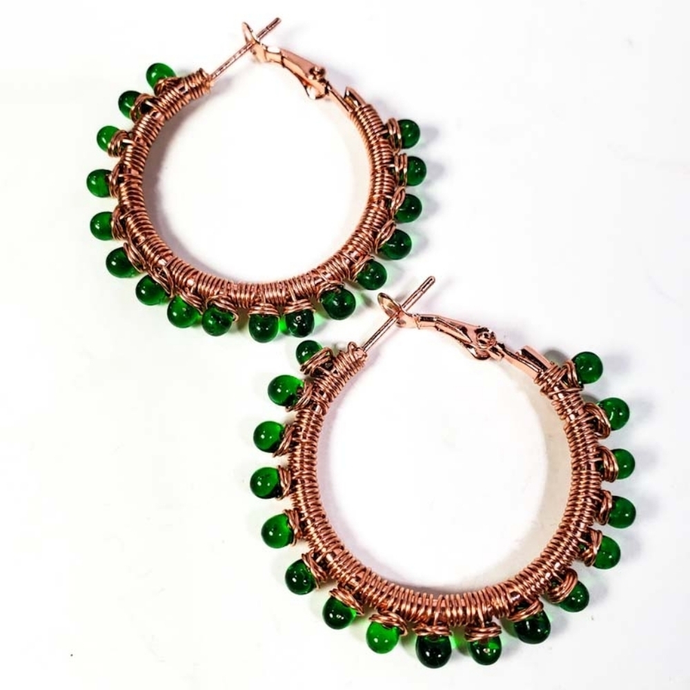 Artisan Green & Copper Wire Wrapped Hoop Earrings - Picture 3 of 7